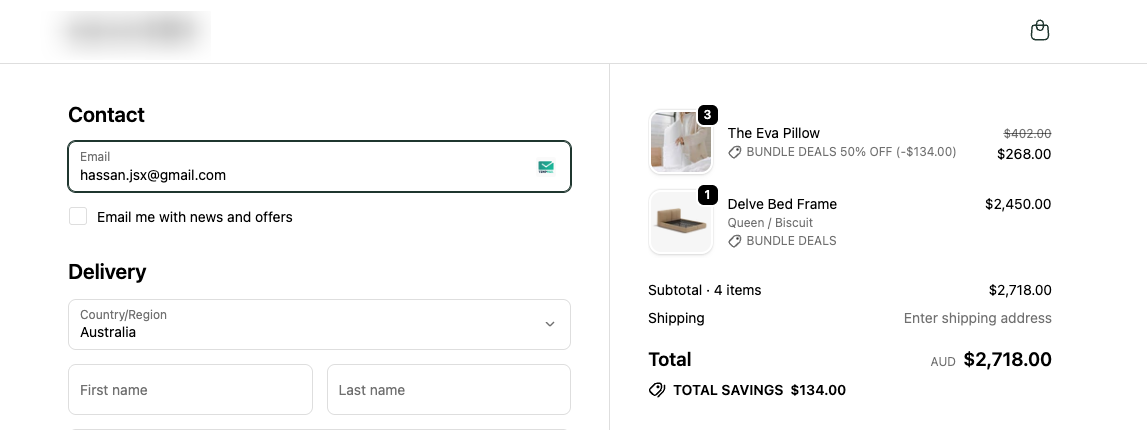 Checkout — 1 bed, 3 pillows: 2 pillows at 50% off, 1 full price