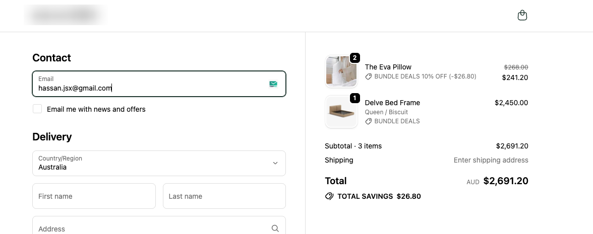 Checkout — 1 bed, 2 pillows: both pillows at 10% off (one full pair)