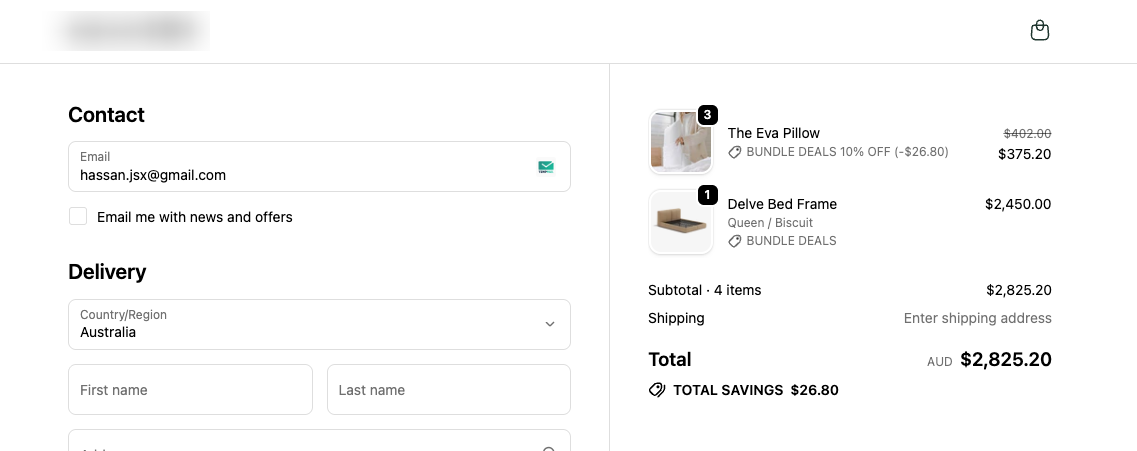 Checkout — 1 bed, 3 pillows: 2 at 10% off, 1 full price