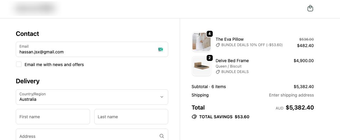 Checkout — 2 beds, 4 pillows: all 4 at 10% off (two complete pairs)