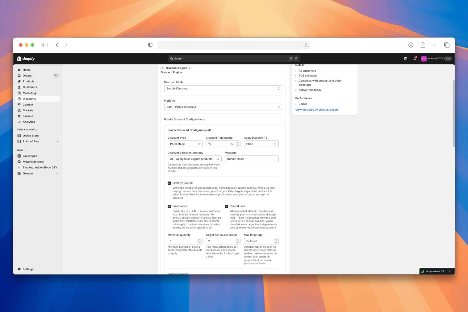Discount UI — Shared Pool example: Limit By Source on, Target per source 2