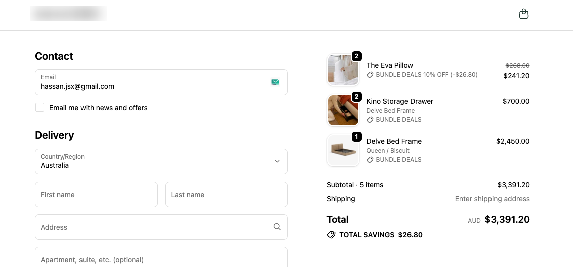 Checkout — Shared pool on: both pillows discounted, both drawers full price