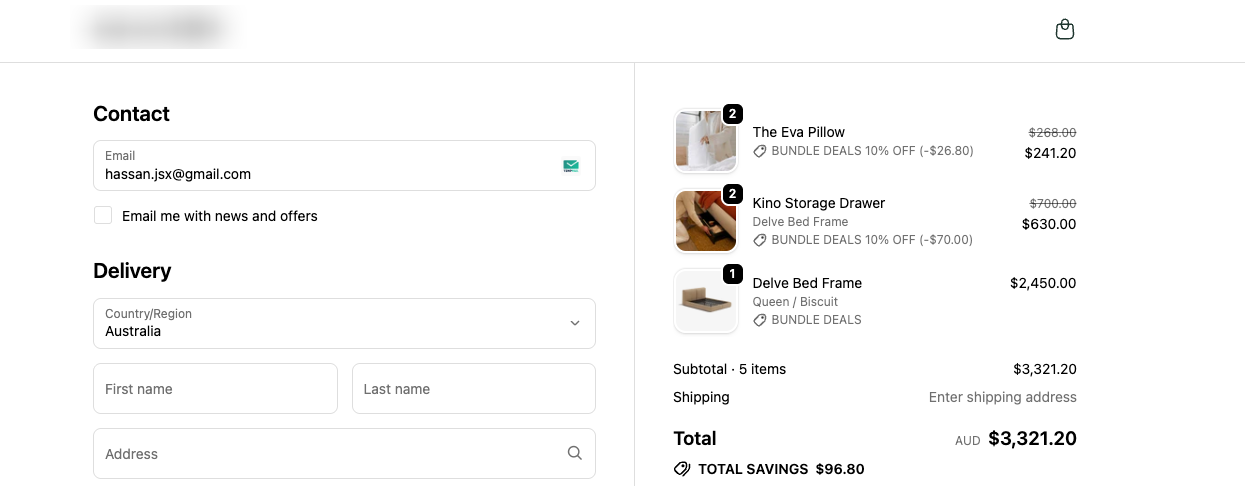 Checkout — Shared pool off: discount split across pillow and drawer lines