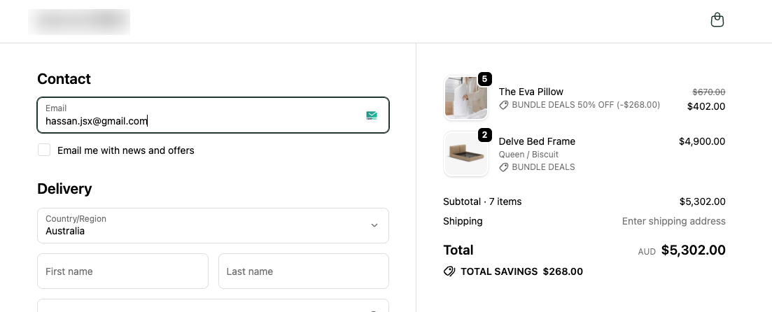 Checkout — 2 beds, 5 pillows: 4 pillows at 50% off, 1 full price