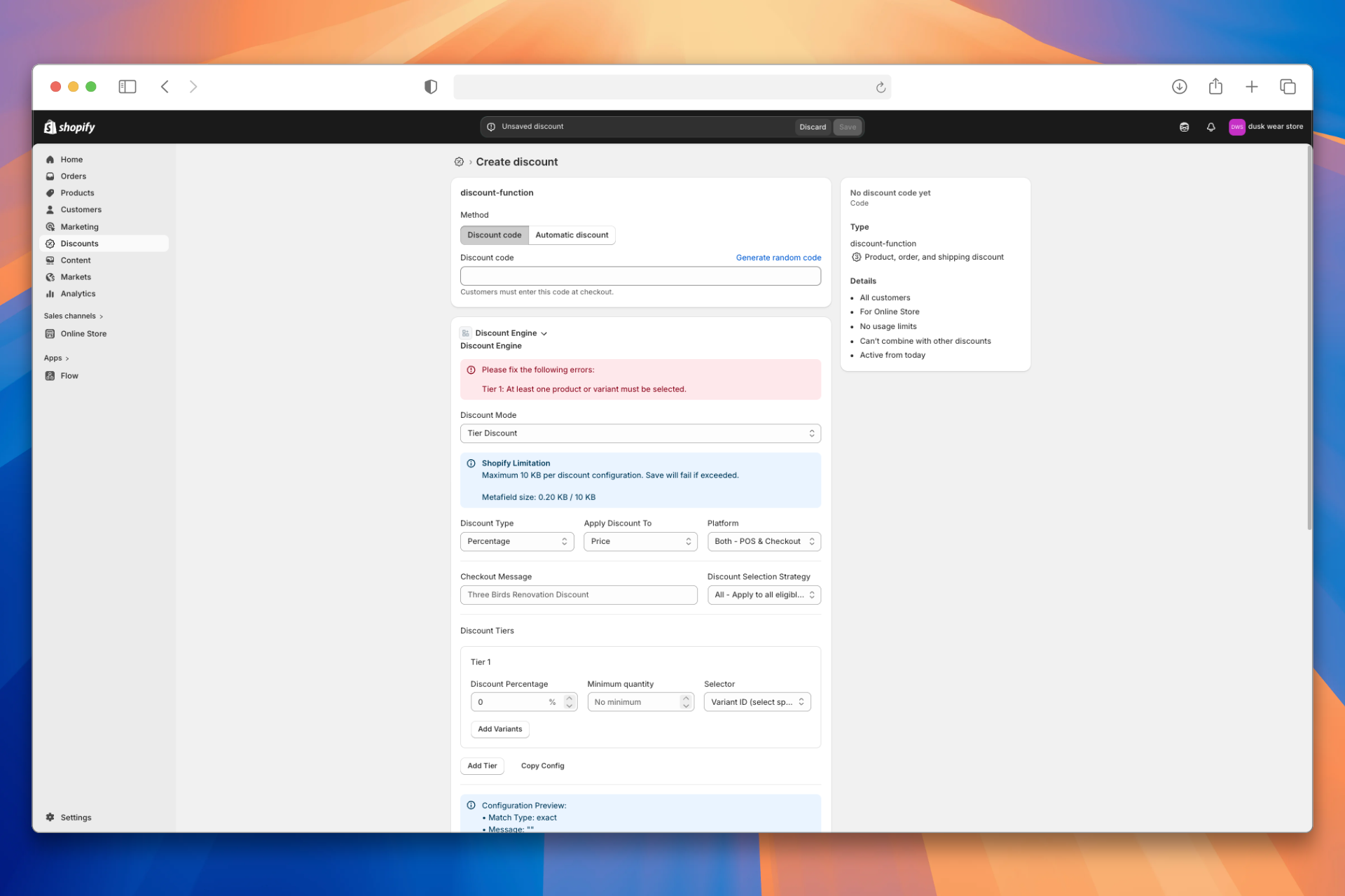 Tier Discount — Create discount in Shopify Admin, Discount Mode set to Tier Discount