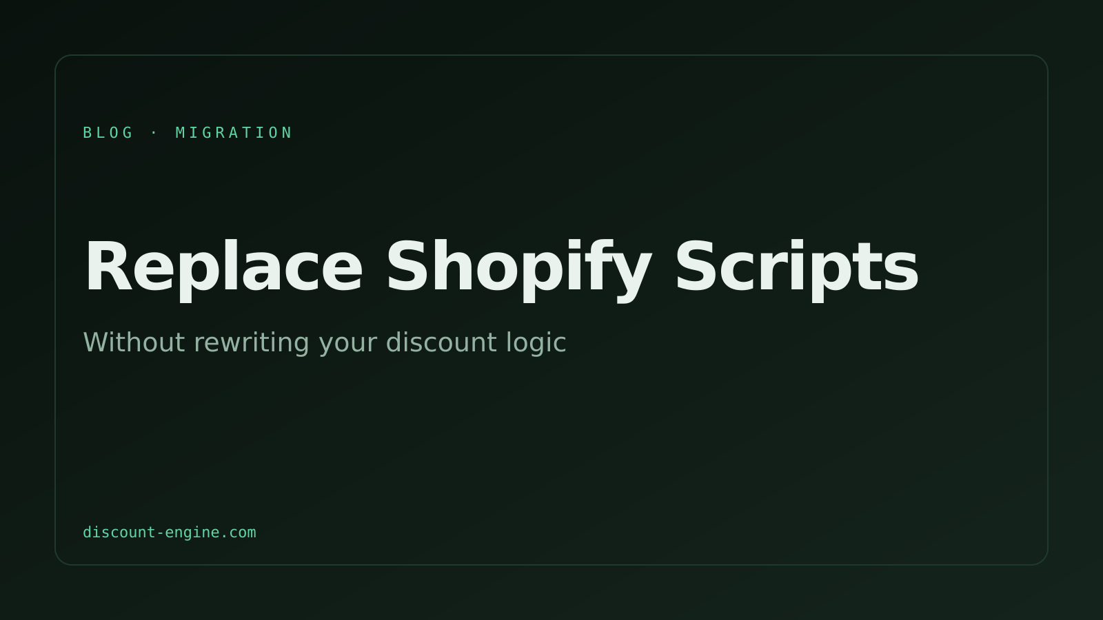 Three Shopify Scripts replacement paths laid out side by side: hand-port to Functions, generic discount apps, and a config-driven engine.